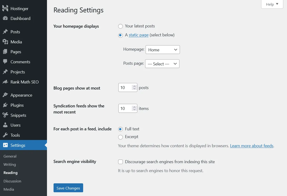 WordPress Reading Settings