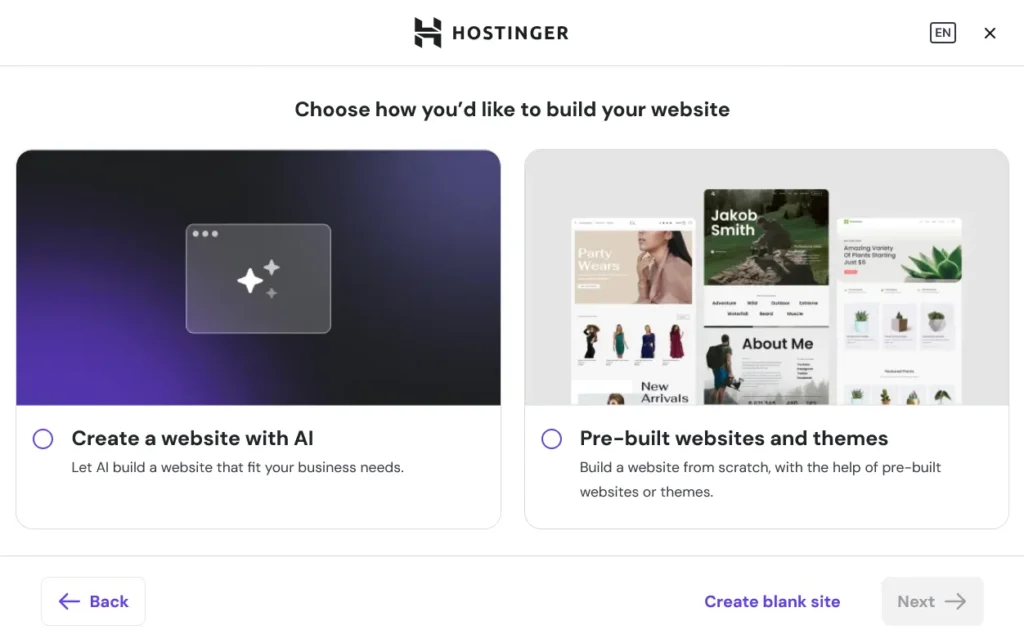 Select WordPress Build Type in Hostinger