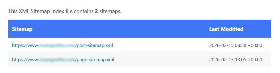 Example of a WordPress XML sitemap index showing post and page sitemaps.