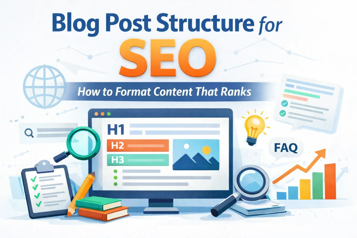 Blog post structure for SEO showing headings, content layout, and optimization elements