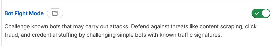 Cloudflare Security & Bots screen with Bot Fight Mode enabled