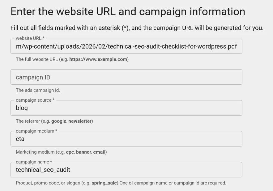 Google Campaign URL Builder tool with filled fields