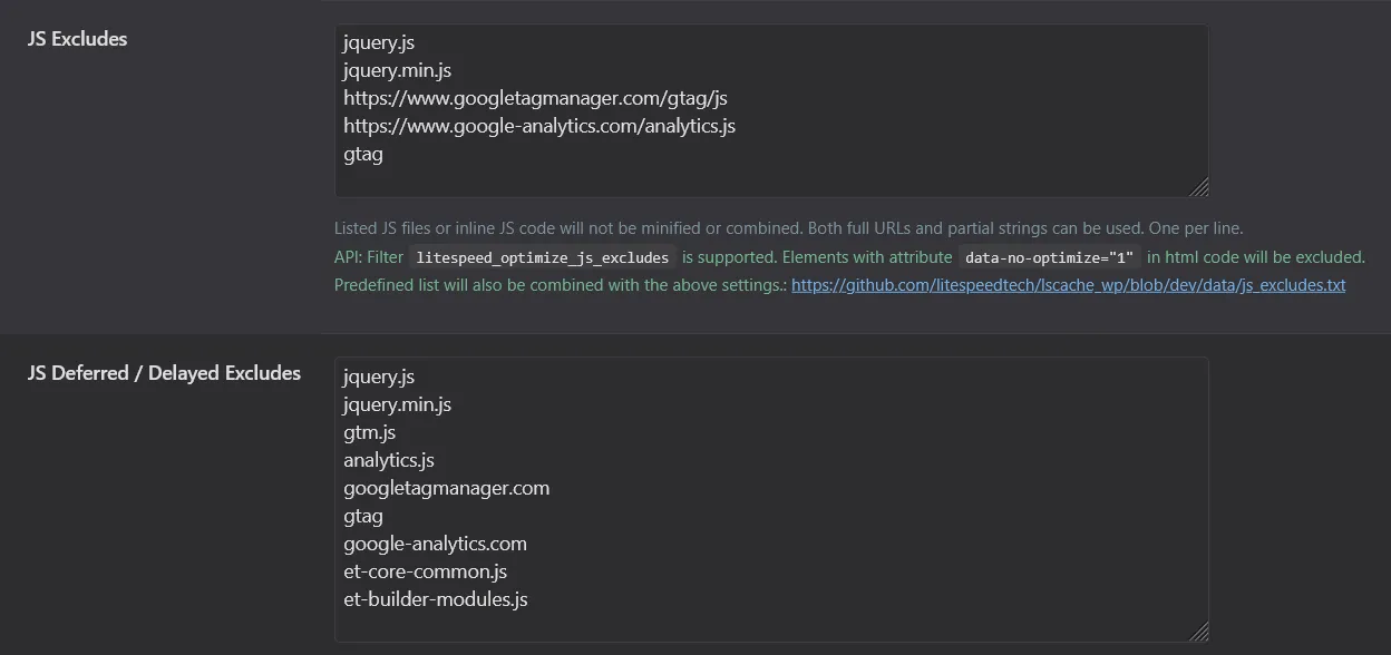LiteSpeed Cache Tuning tab showing JS Excludes field with GTM domain added