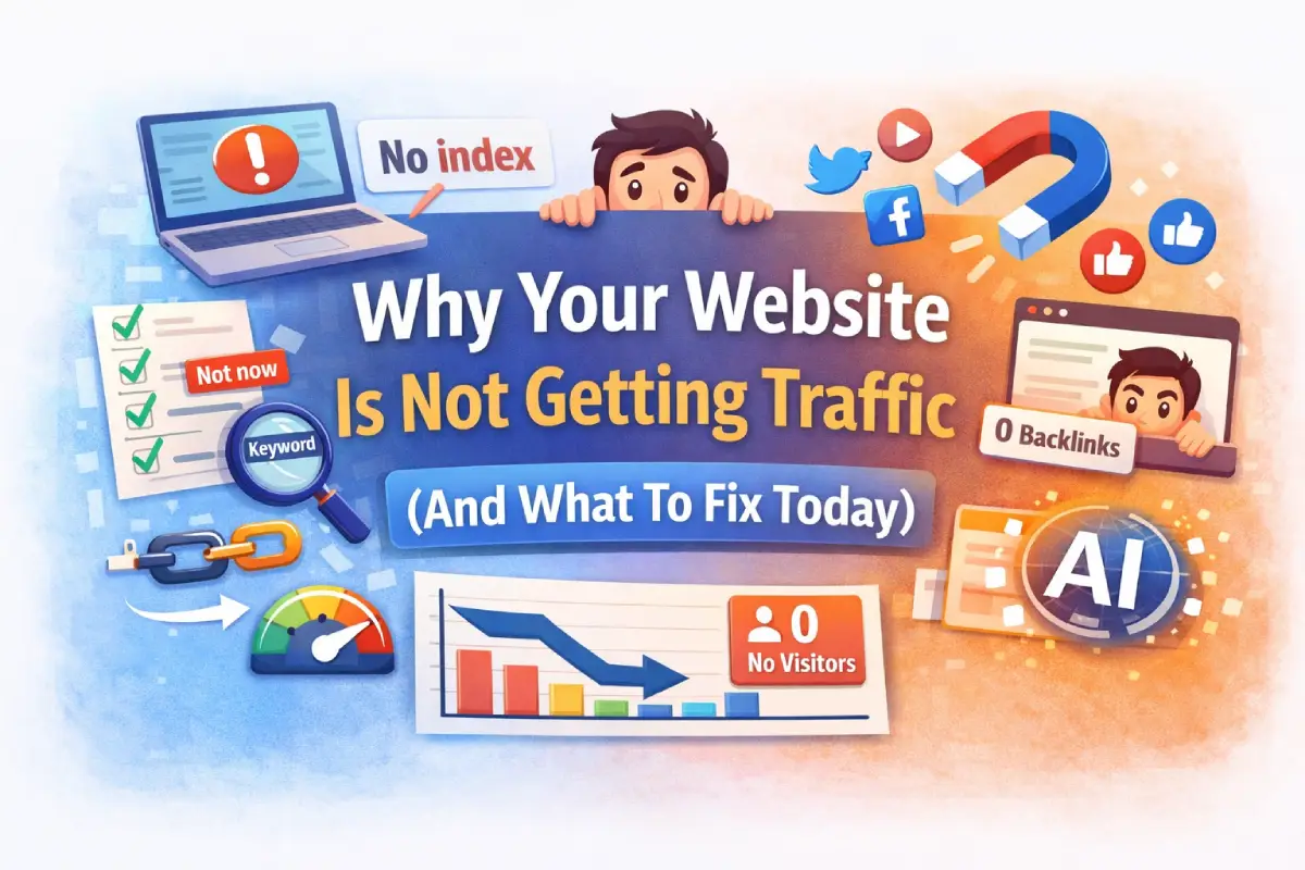 Why your website is not getting traffic illustration showing SEO issues like indexing, backlinks, and keywords.