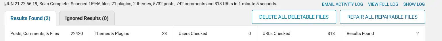 Wordfence scan results showing file changes