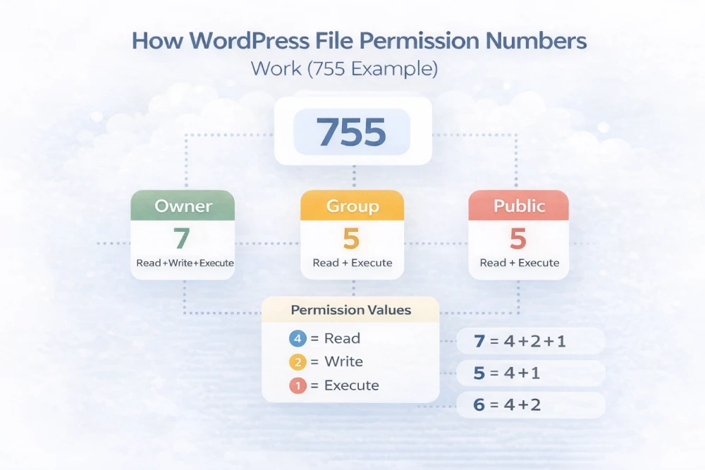 How WordPress file permission numbers work (755 example)