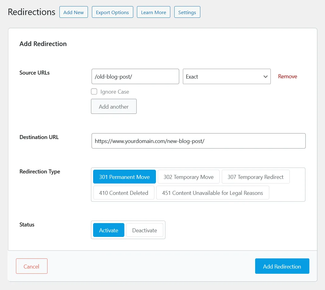 Rank Math - Add New Redirect