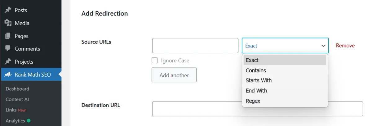 Rank Math - Redirections Match Type