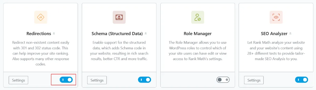 Rank Math - Enable Advanced Mode and the Redirections Module