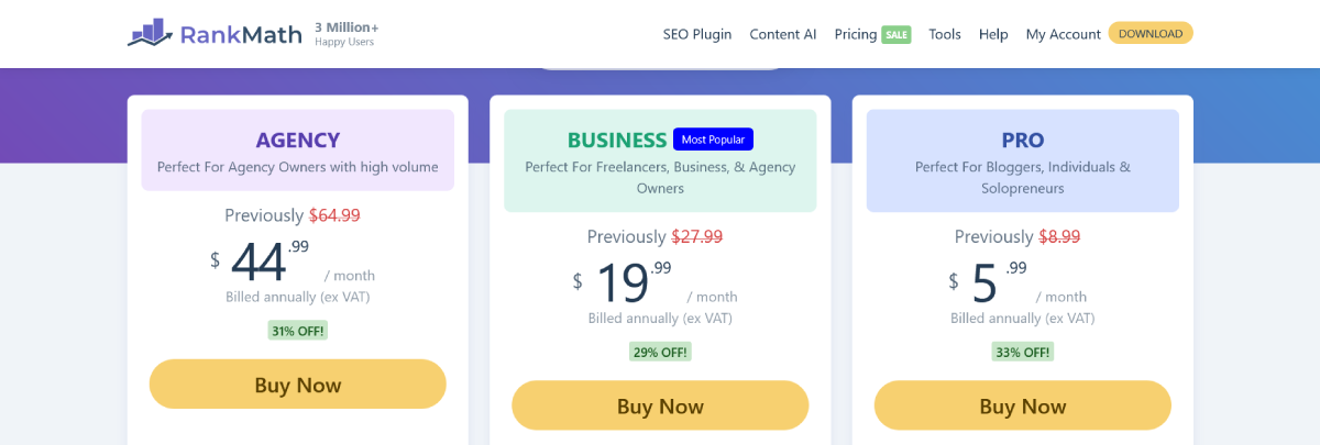 Rank Math pricing plans 2026 - Pro, Business and Agency