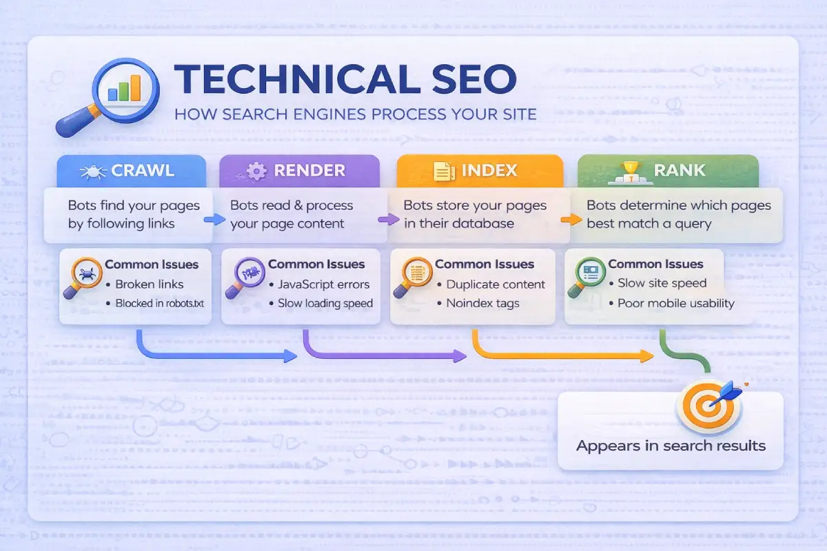 Technical SEO Process: Crawl, Render, Index, and Ranking Explained