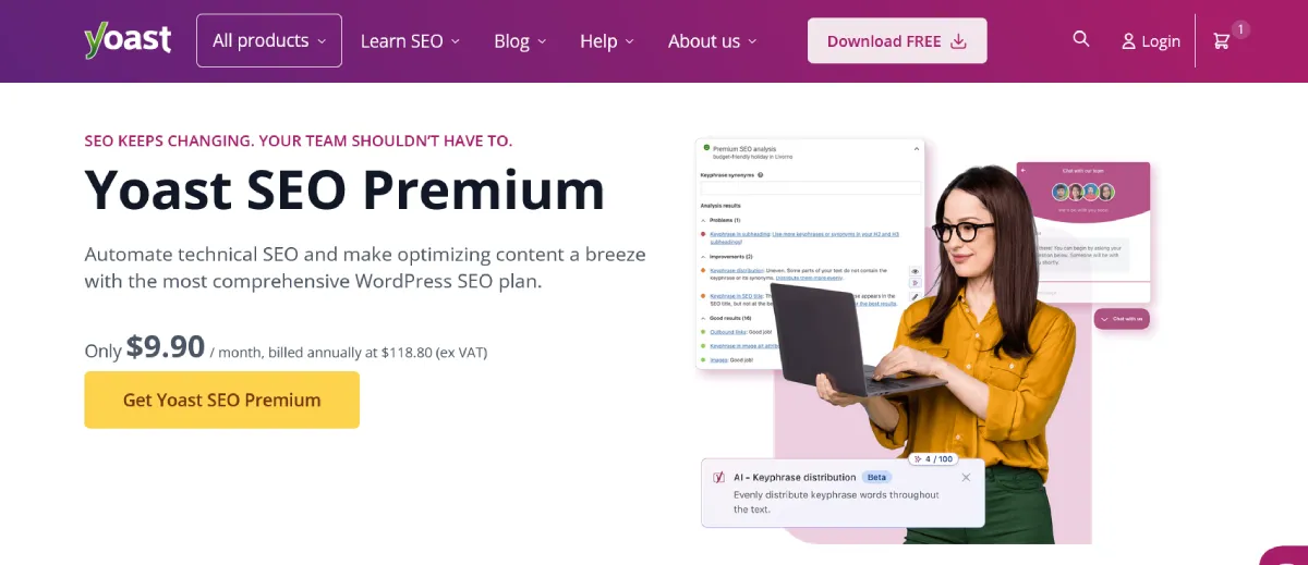 Yoast SEO Premium pricing 2026 - $118.80 per year