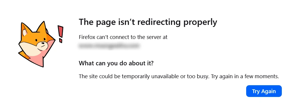 Browser showing redirect loop error - The Page isn't redirecting properly