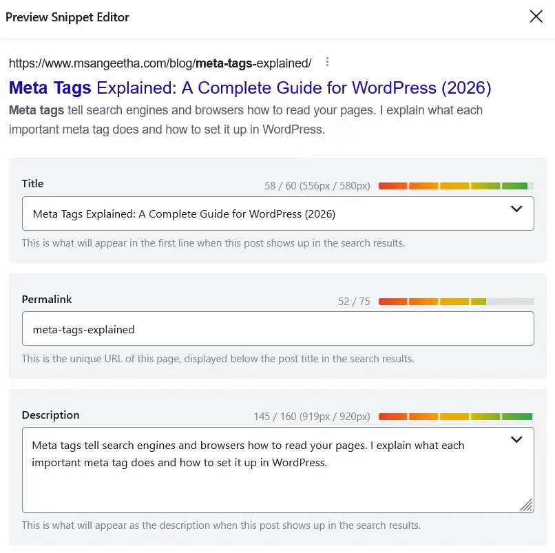 Meta Title & Description Shown in RankMath Preview