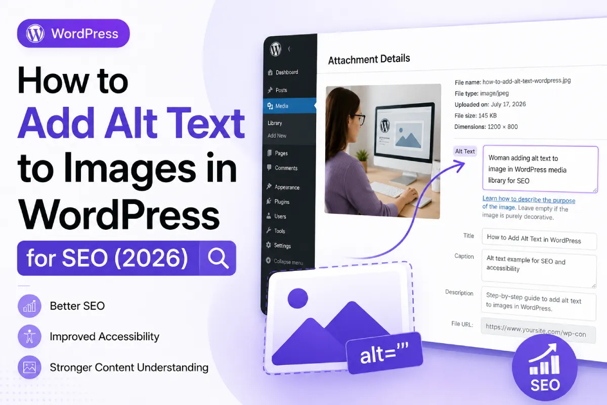 WordPress Media Library showing how to add alt text to an image for SEO.