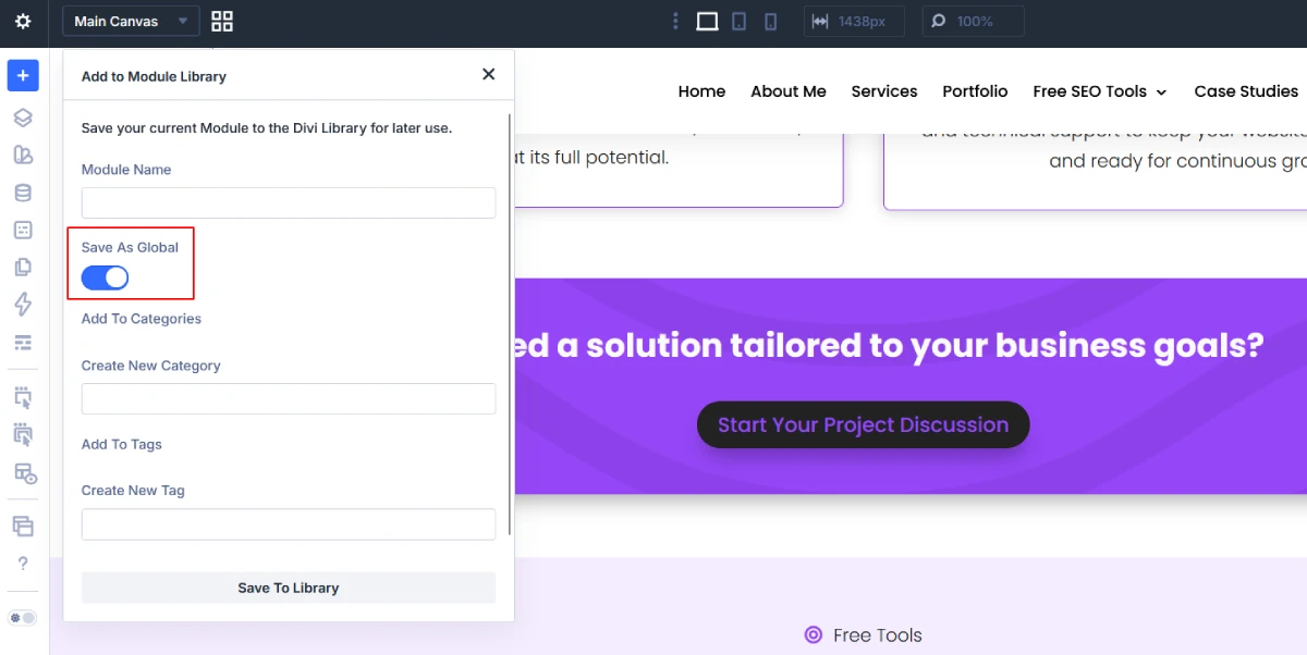 Creating a global section in Divi 5 using Save to Library and Save As Global