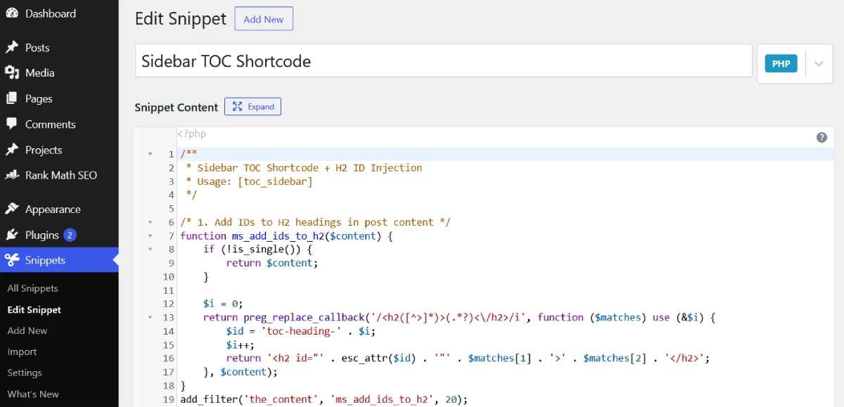 PHP Code for Custom Dynamic Table of Contents using Code Snippets Plugin