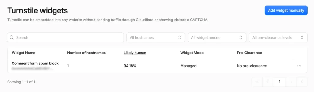 Cloudflare Turnstile configured in Managed mode, allowing legitimate visitors to pass background verification without traditional CAPTCHA challenges.