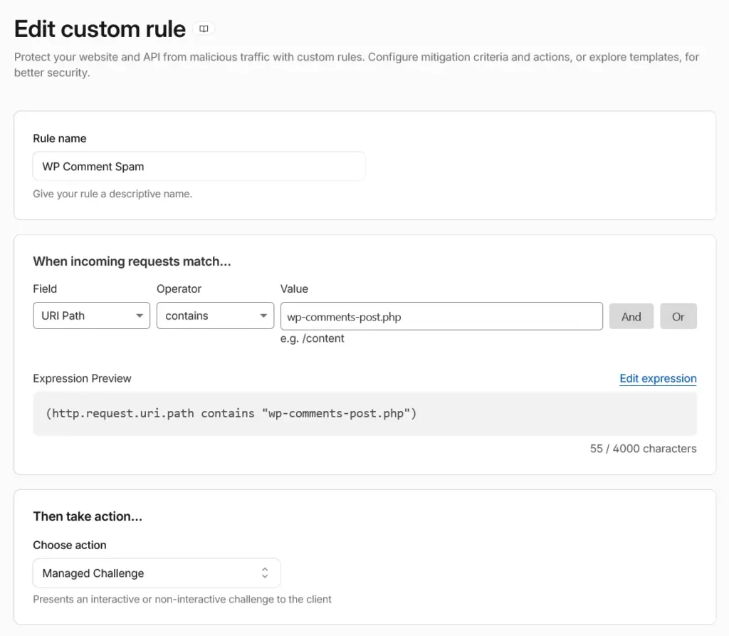 Custom Cloudflare Security Rule applying a Managed Challenge to requests