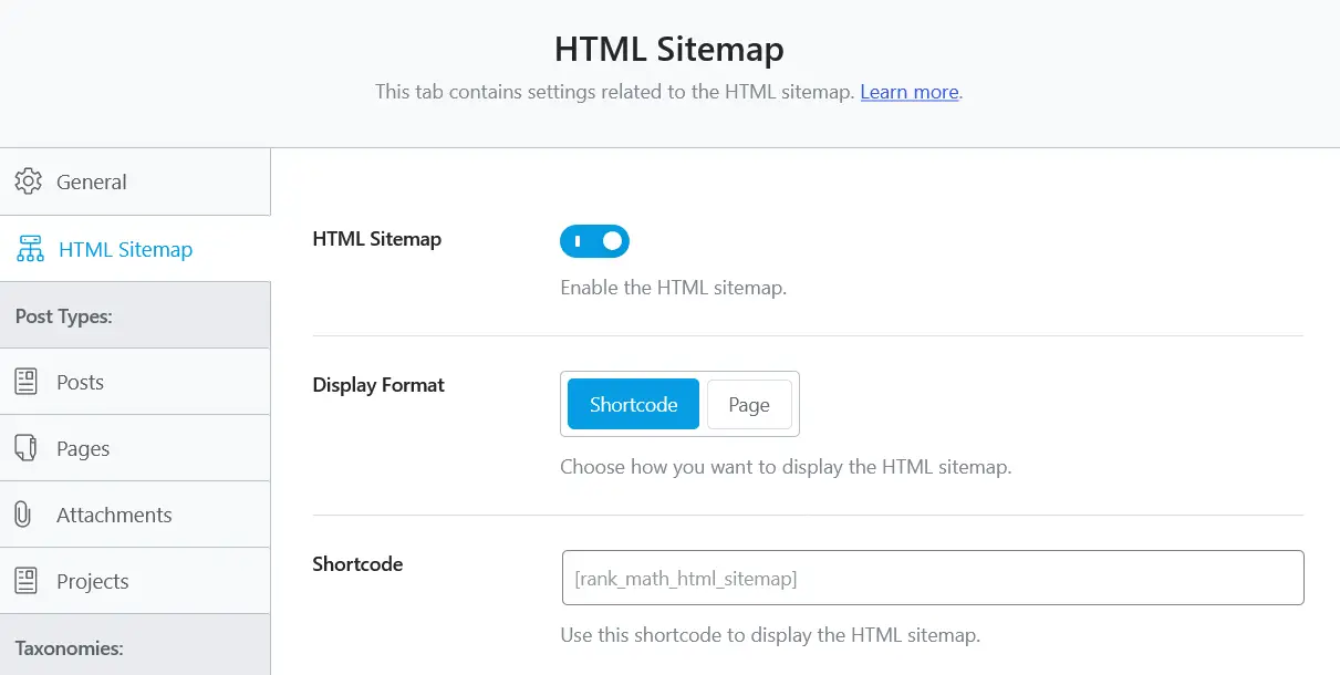 HTML sitemap settings in the Rank Math SEO plugin